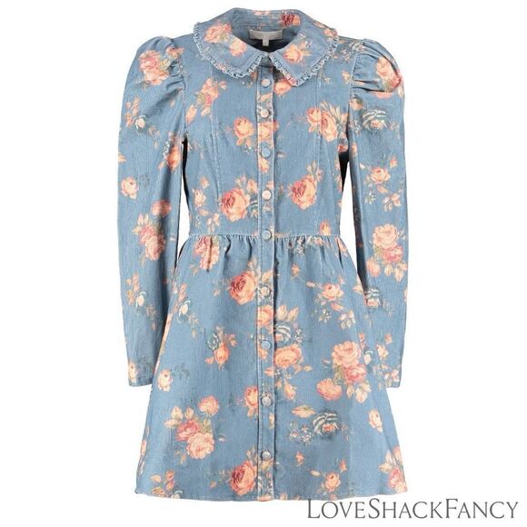LOVESHACKFANCY **NWT** Beyers Corduroy Mini Dress in Faded Denim Floral - Picture 8 of 16